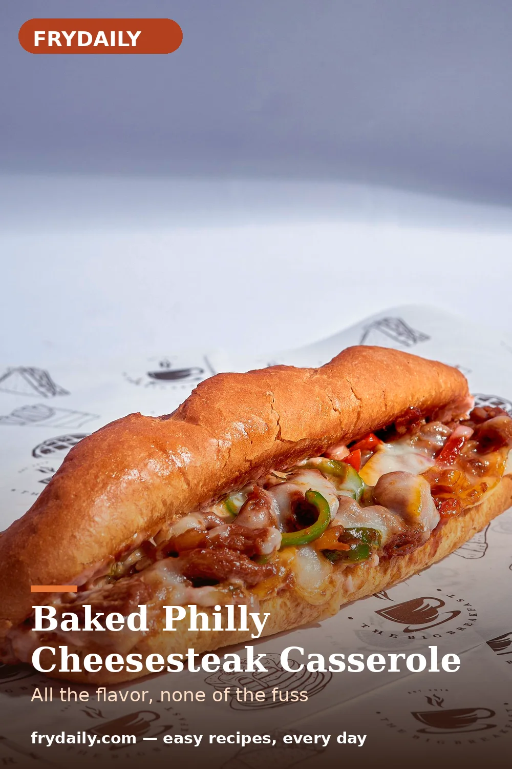 Pinterest pin: Baked Philly Cheesesteak Casserole recipe from FryDaily