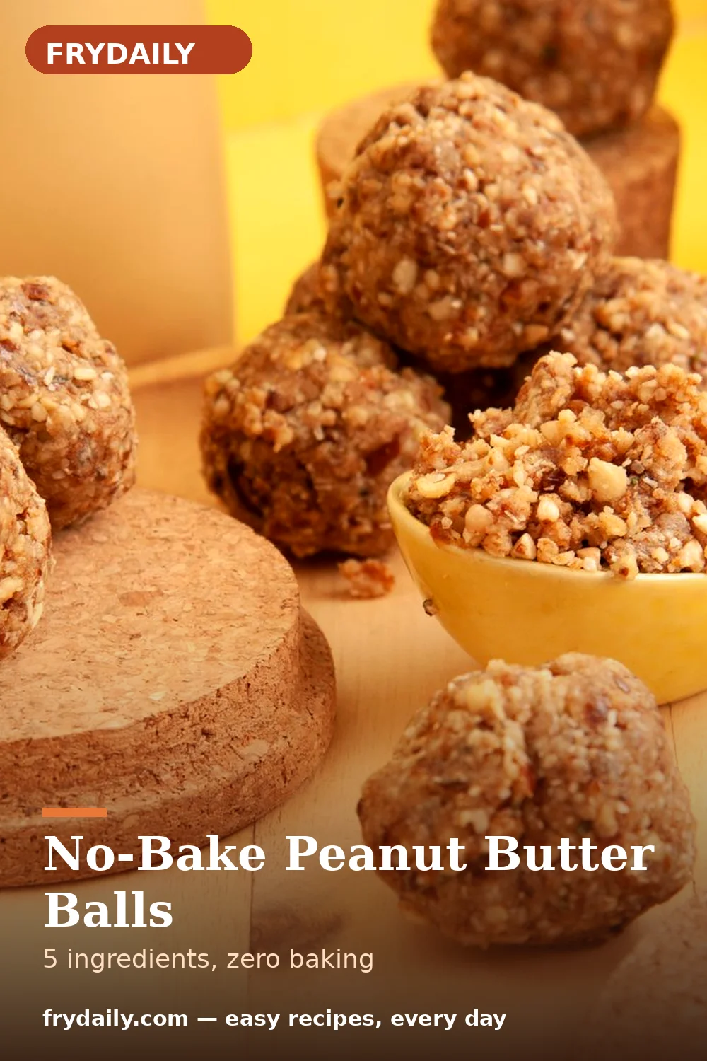 Pinterest pin: No-Bake Peanut Butter Balls recipe from FryDaily