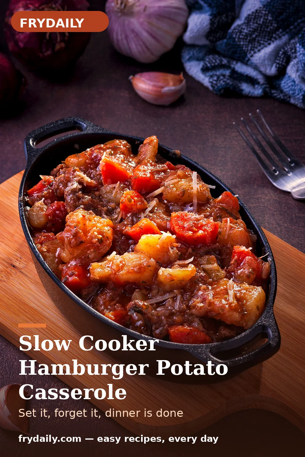 Pinterest pin: Slow Cooker Hamburger Potato Casserole recipe from FryDaily